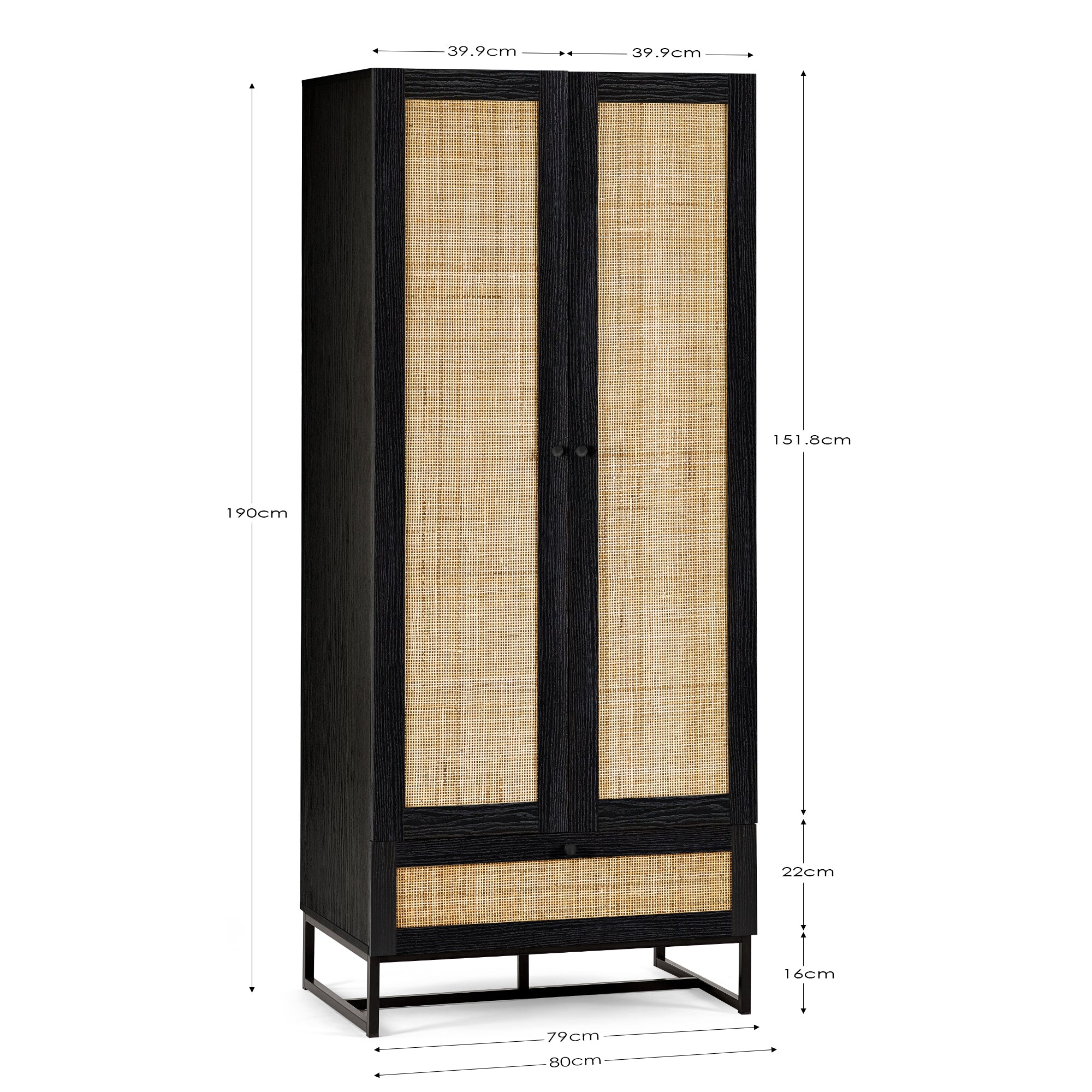 Clermont Black Oak Wood & Rattan Wardrobe
